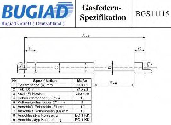 BUGIAD BGS11115 Газова пружина, кришка багажника