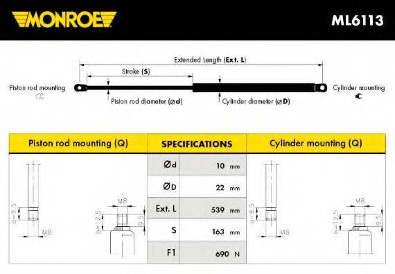 MONROE ML6113 Газова пружина, кришка багажника