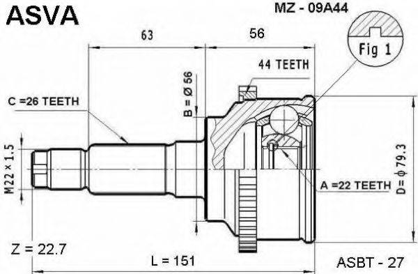 ASVA MZ09A44 Шарнірний комплект, приводний вал