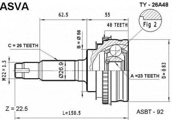 ASVA TY26A48 Шарнірний комплект, приводний вал