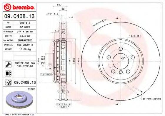 BREMBO 09C40813 гальмівний диск